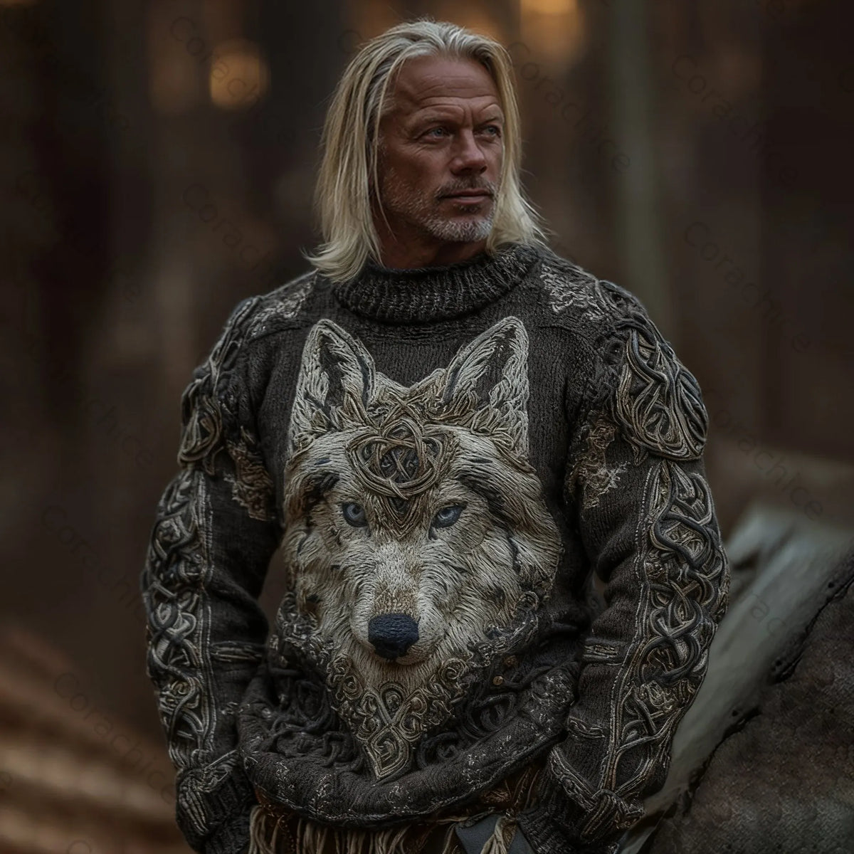 Cardydony Men's Viking Wolf Knit Pullover Sweater