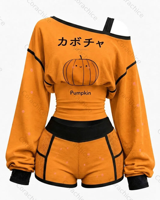 Cardydony Women's Japanese-Style Pumpkin-Print Fitted Hooded Jumpsuit