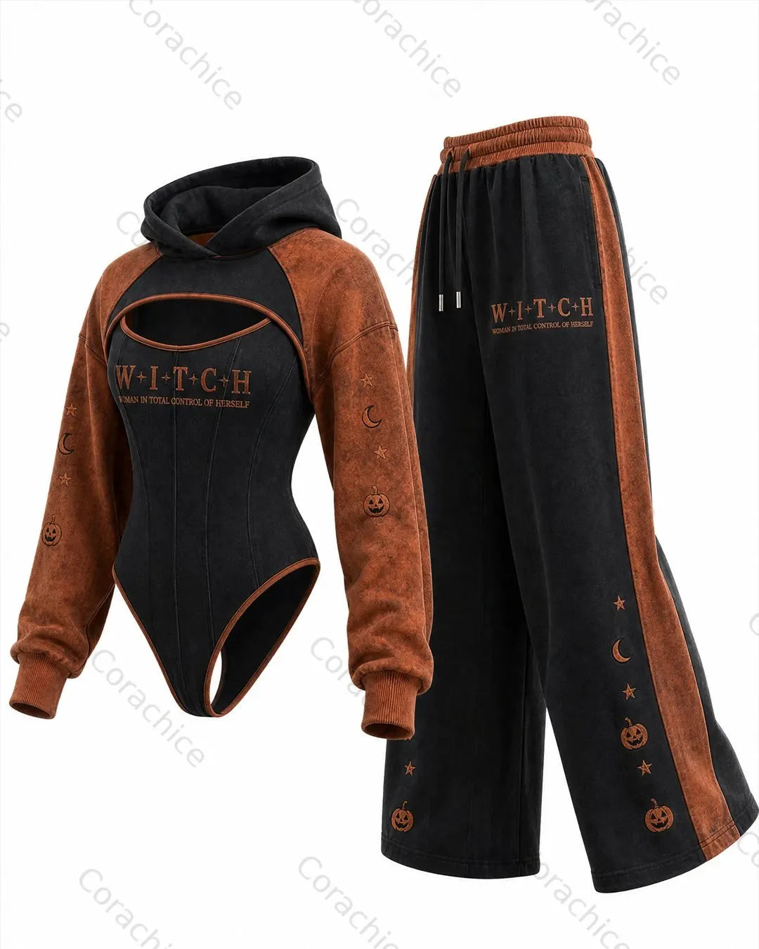 Cardydony Women's Fun Halloween Witch Print Casual Irregular Cut Two-Piece Bodysuit & Pants