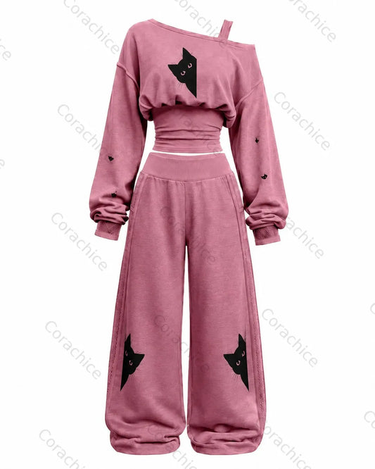 Cardydony Women's Japanese-Style Print Long-Sleeve Off-the-Shoulder T-Shirt and Pants Two-Piece