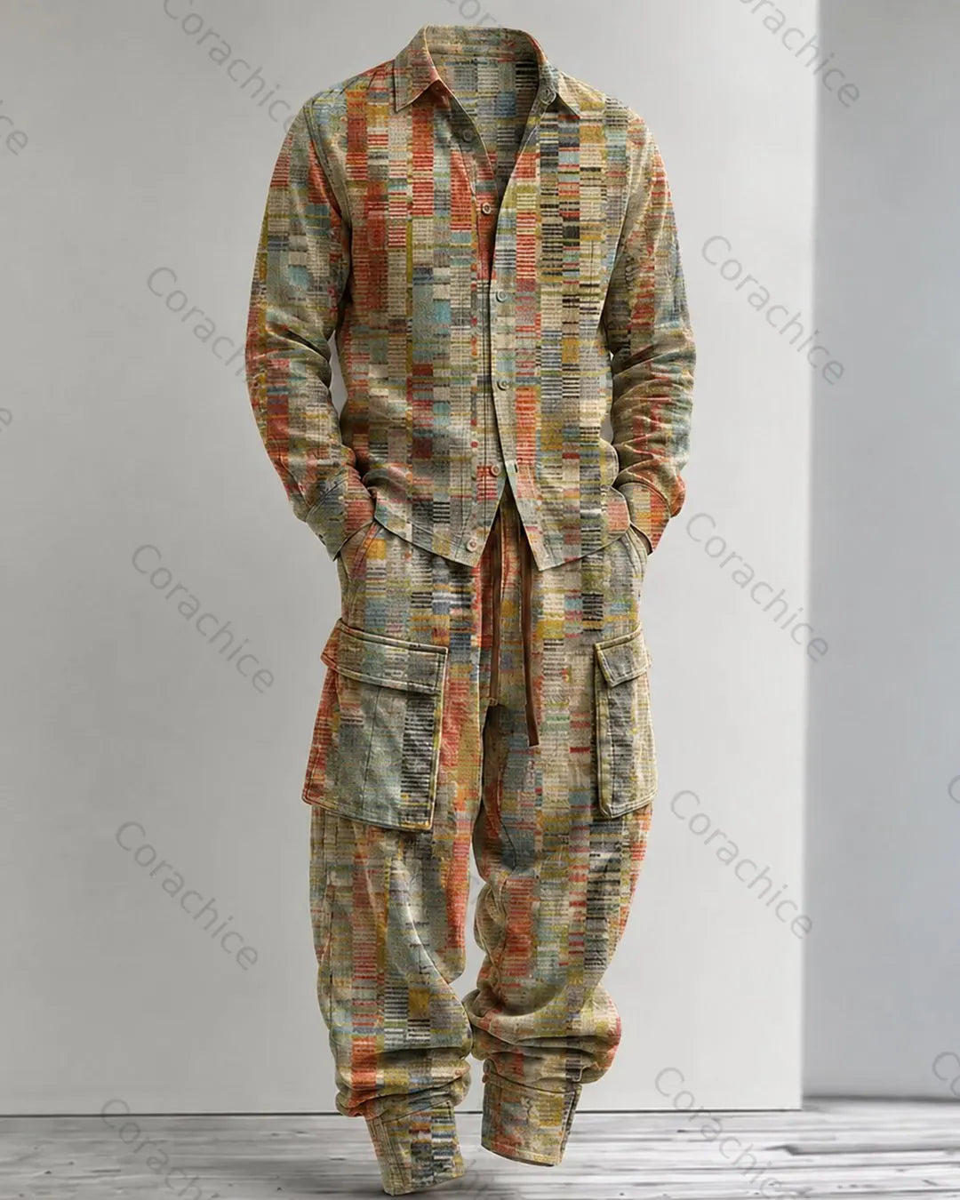 Cardydony Men's Japanese-Style Printed Shirt and Pants Two-Piece