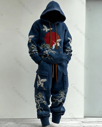 Cardydony Men's Fall and Spring Japanese-Style Printed Hooded & Pants Two-Piece