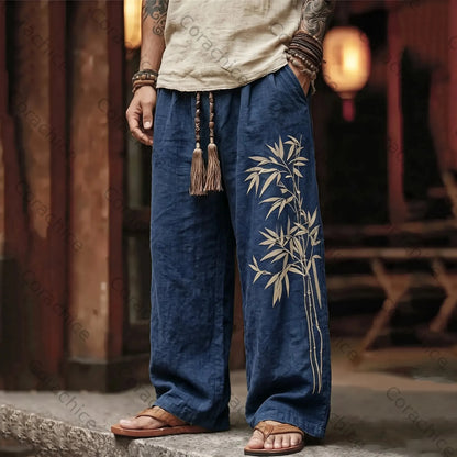 Cardydony Men's Vintage Japanese Bamboo Embroidery Art Linen Blend Pants