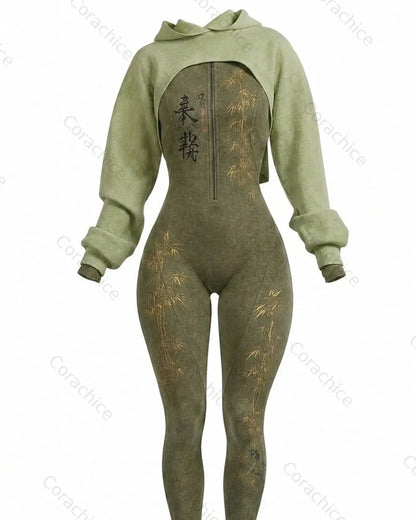 Cardydony Women's Japanese-Style Printed Color-Blocked Fitted Hooded Tunic and Jumpsuit