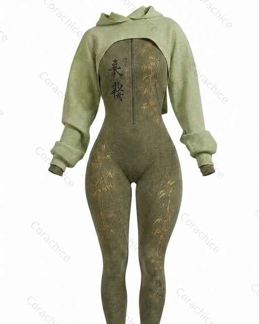Cardydony Women's Japanese-Style Printed Color-Blocked Fitted Hooded Tunic and Jumpsuit