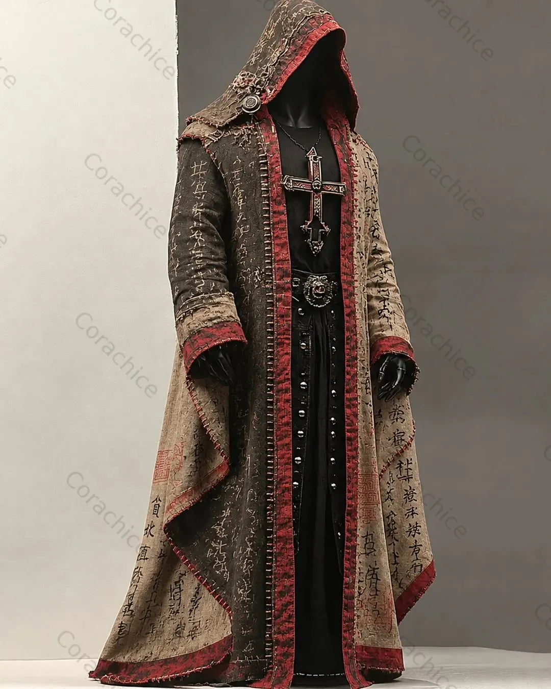 Cardydony Men's Japanese-Style Printed Samurai Hooded Linen Cape