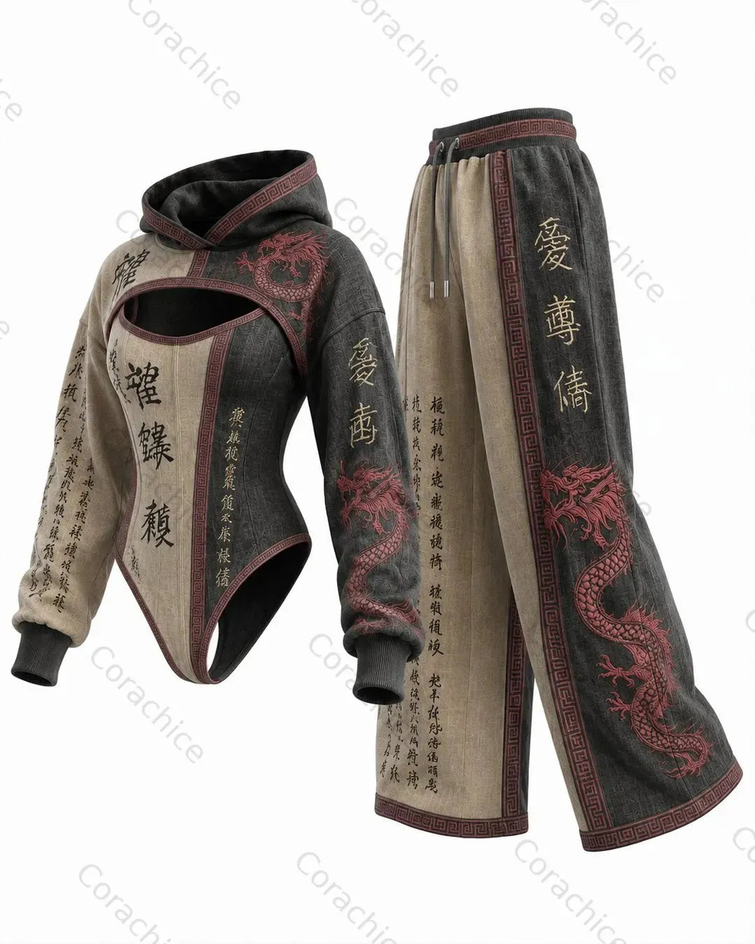 Cardydony Women's Japanese Retro Art Embroidery Irregular Cut Two-Piece Bodysuit & Pants