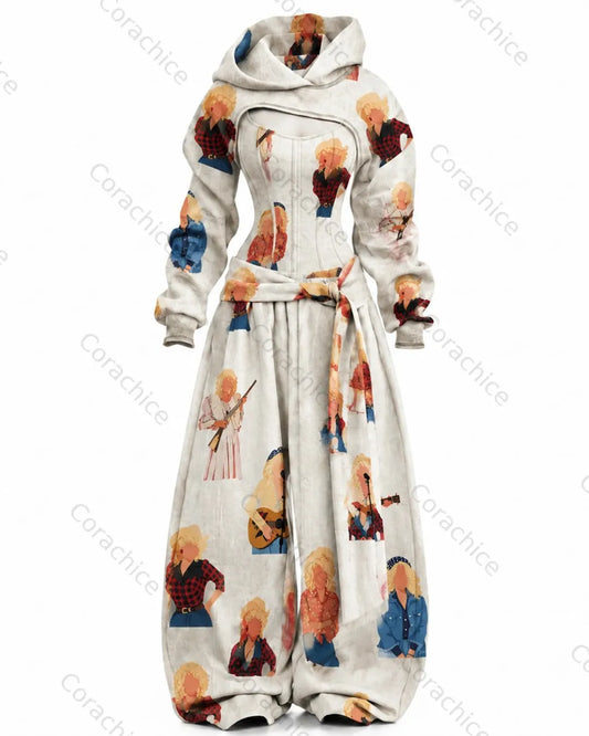 Cardydony Women's “Queen of Country Music” Dolly Character Print Commemorative Slim-Fit Hooded Jumpsuit
