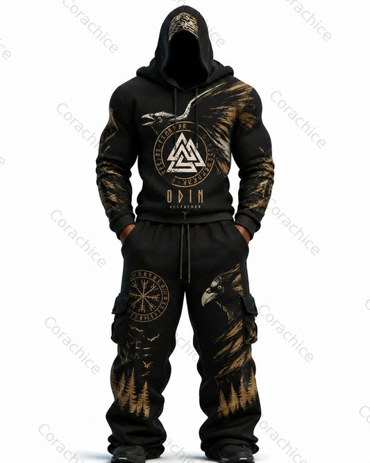 Cardydony Men's Fall/Spring Viking-Embroidered Hoodie and Pants Two-Piece