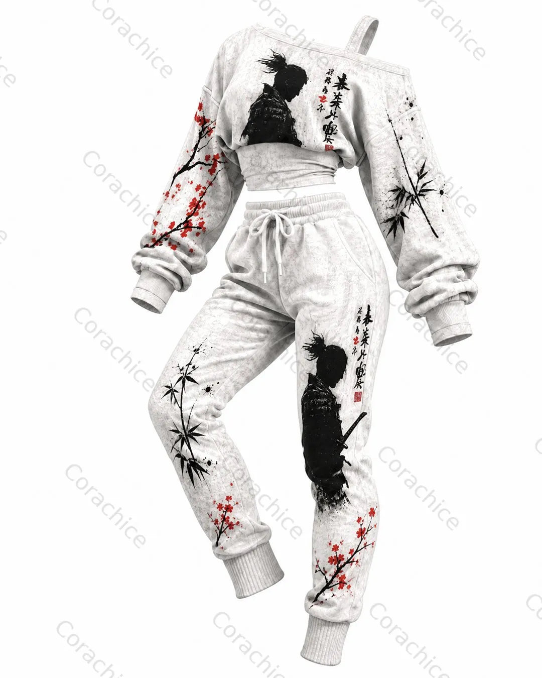 Cardydony Women's Japanese Art Print Long-Sleeved Casual Off-Shoulder Long-Sleeved Top & Pants Two-Piece