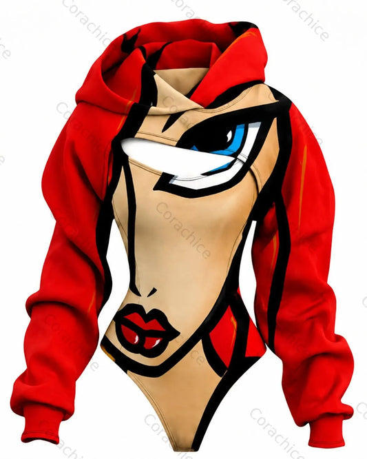 Cardydony Women's Pop Art-Style Printed Fitted Hooded Jumpsuit