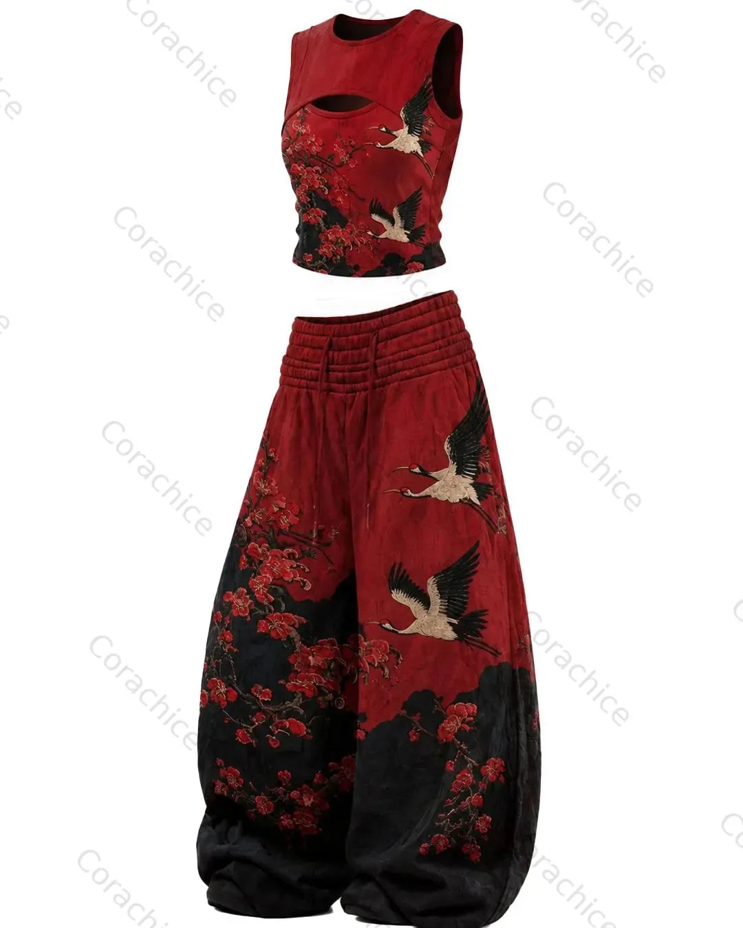 Cardydony Women's Japanese Retro Art Print Embroidered Top & Pants Two-Piece