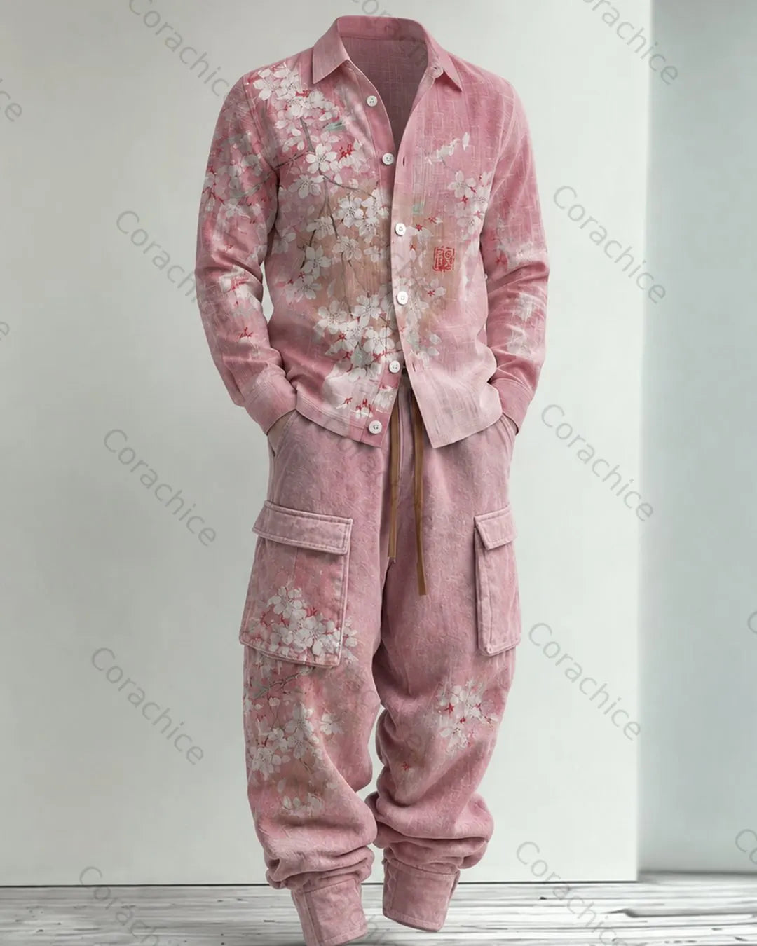 Cardydony Men's Japanese-Style Printed Linen Shirt & Pants Two-Piece