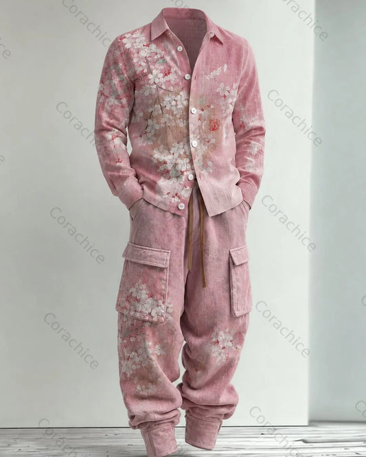Cardydony Men's Japanese-Style Printed Linen Shirt & Pants Two-Piece