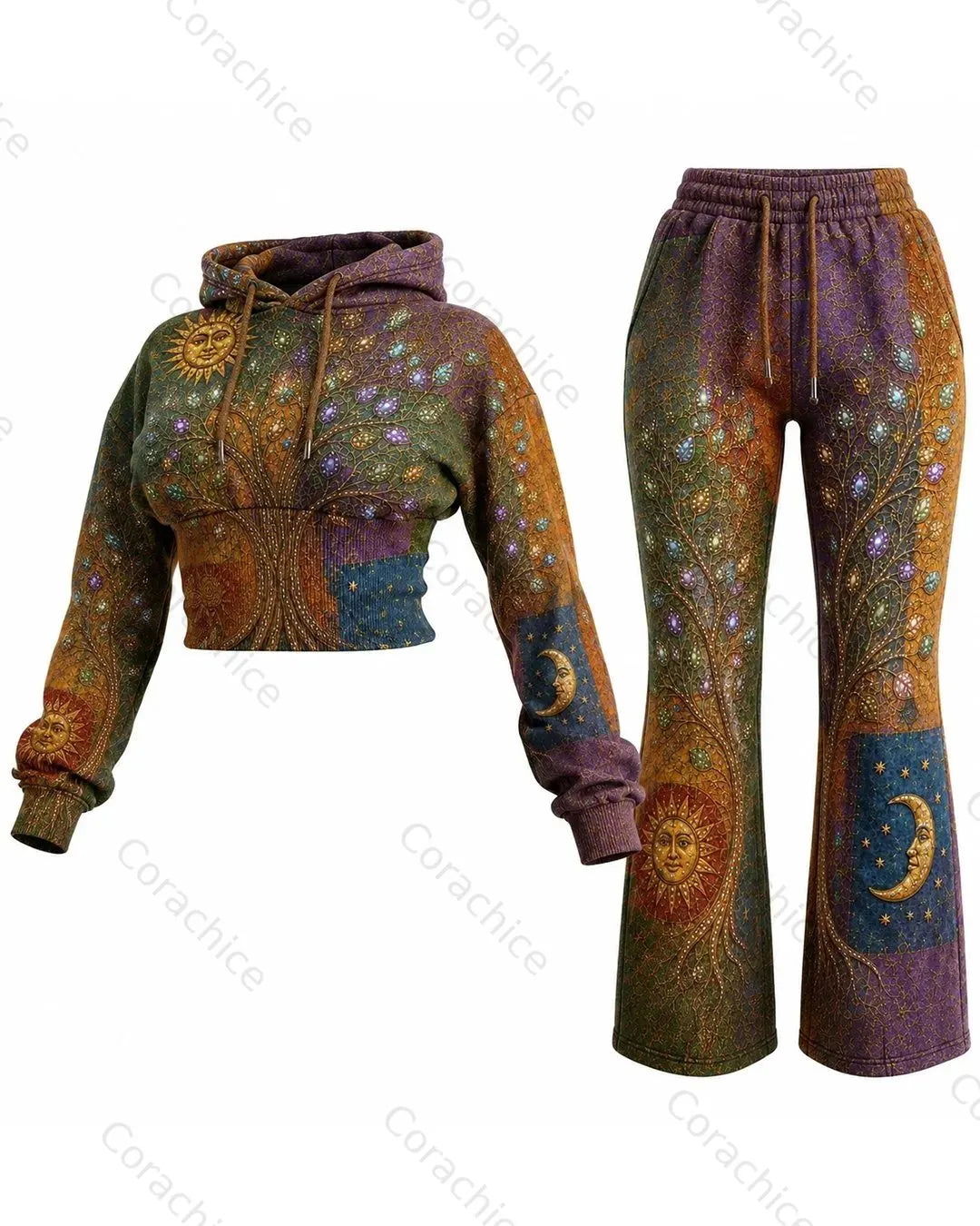 Cardydony Women's Viking Color-Block Embroidered Casual Hooded Sweatshirt and Pants Two-Piece