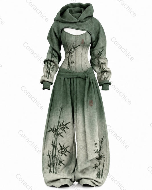 Cardydony Women's Japanese-Style Printed Long-Sleeve Fitted Jumpsuit and Pants Two-Piece