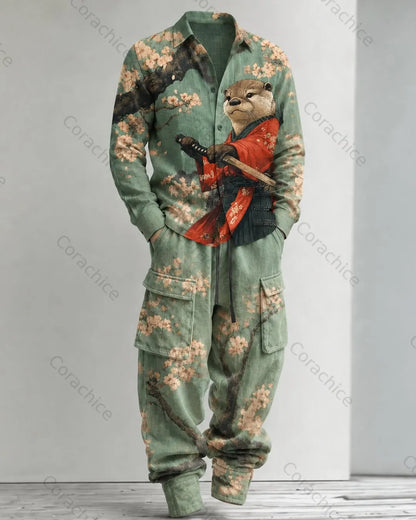 Cardydony Men's Fall and Spring Japanese-Style Printed Linen Shirt & Pants Two-Piece