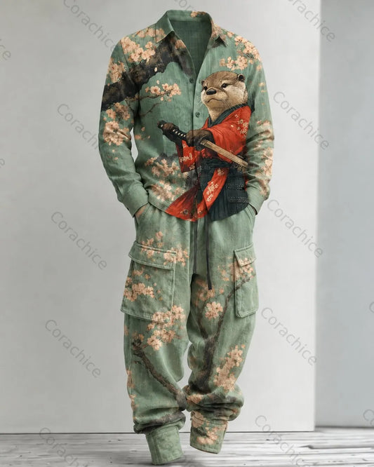Cardydony Men's Fall and Spring Japanese-Style Printed Linen Shirt & Pants Two-Piece