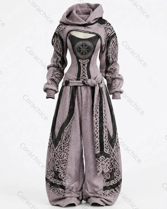 Cardydony Women's Fall Viking-Print Fitted Hooded Jumpsuit and Pants Two-Piece