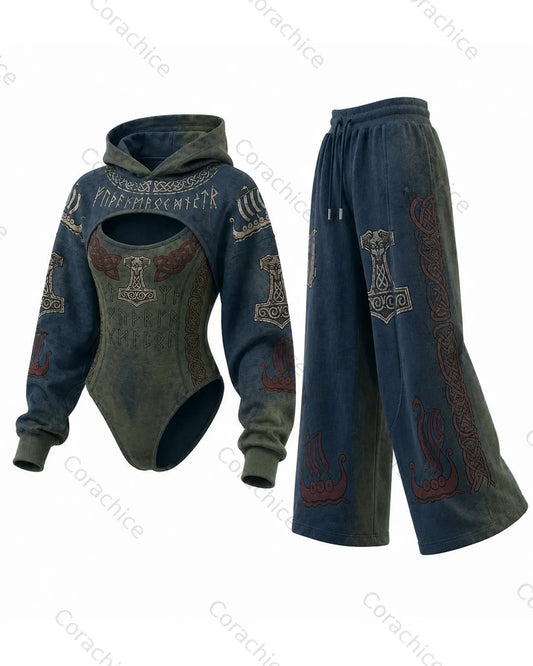 Cardydony Women's Viking Print Irregular Cut Two-Piece Jumpsuit & Pants