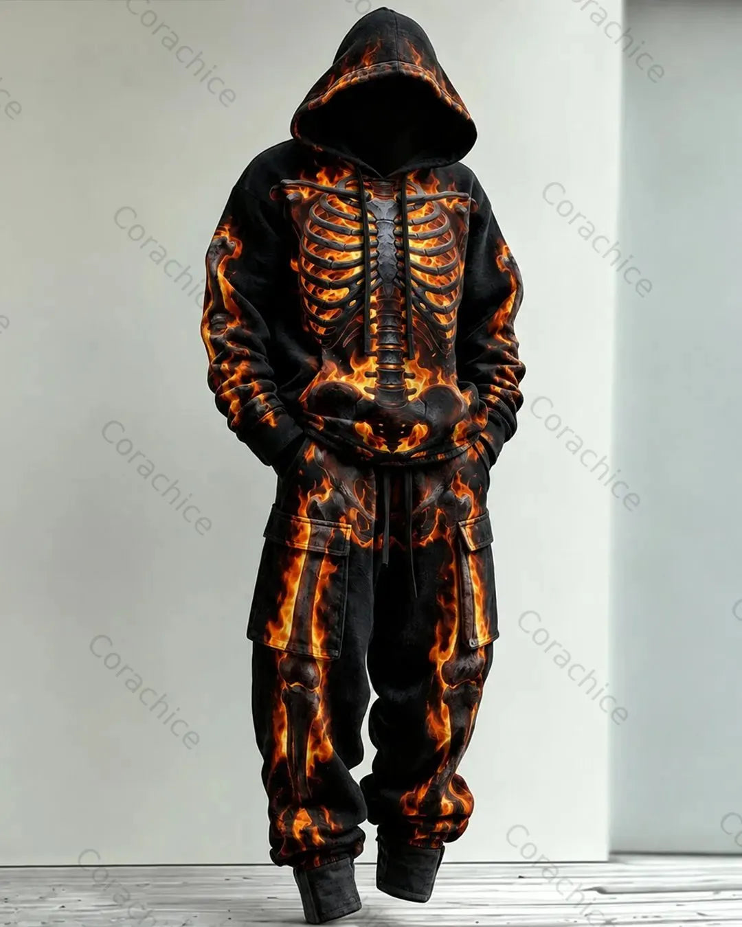 Cardydony Men's Halloween-Themed Printed Hoodie and Pants Two-Piece
