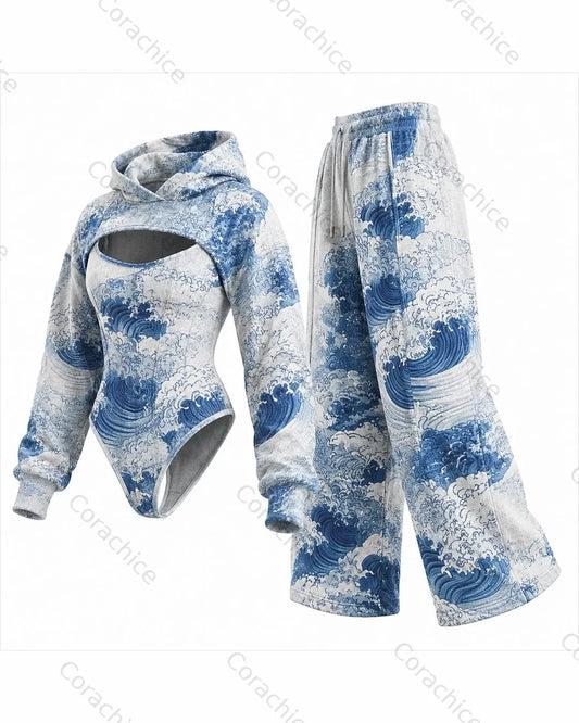 Cardydony Women's Japanese Retro Art Print Irregular Cut Two-Piece Jumpsuit & Pants