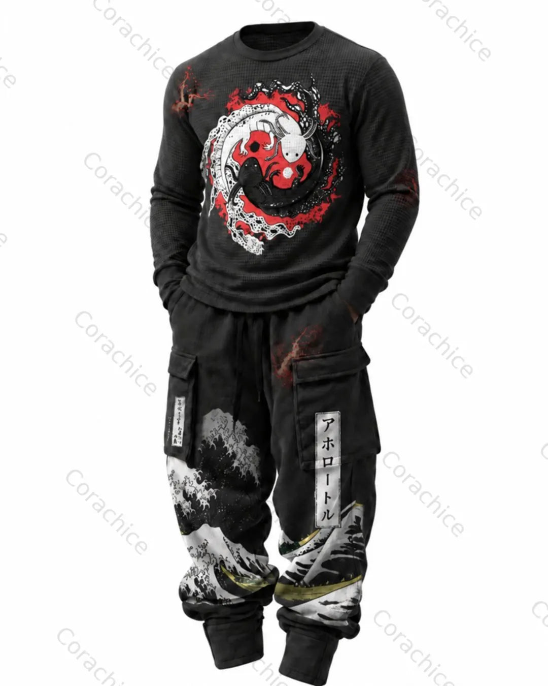 Cardydony Men's Japanese-Style Printed Crew-Neck Waffle-Knit Sweatshirt and Pants