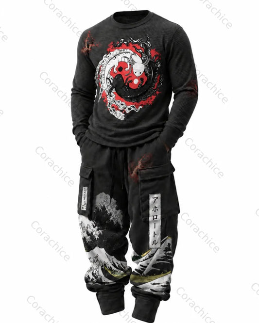 Cardydony Men's Japanese-Style Printed Crew-Neck Waffle-Knit Sweatshirt and Pants
