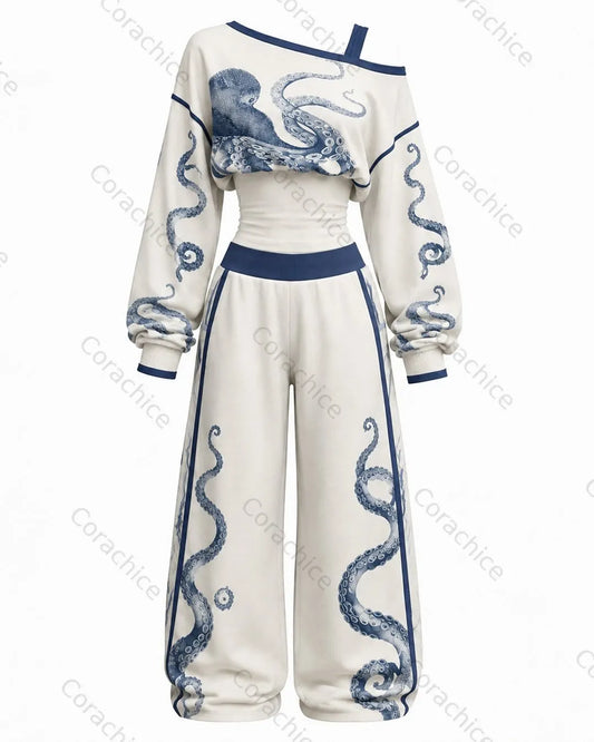 Cardydony Women's Japanese-Style Print Long-Sleeve Off-the-Shoulder T-Shirt and Pants Two-Piece