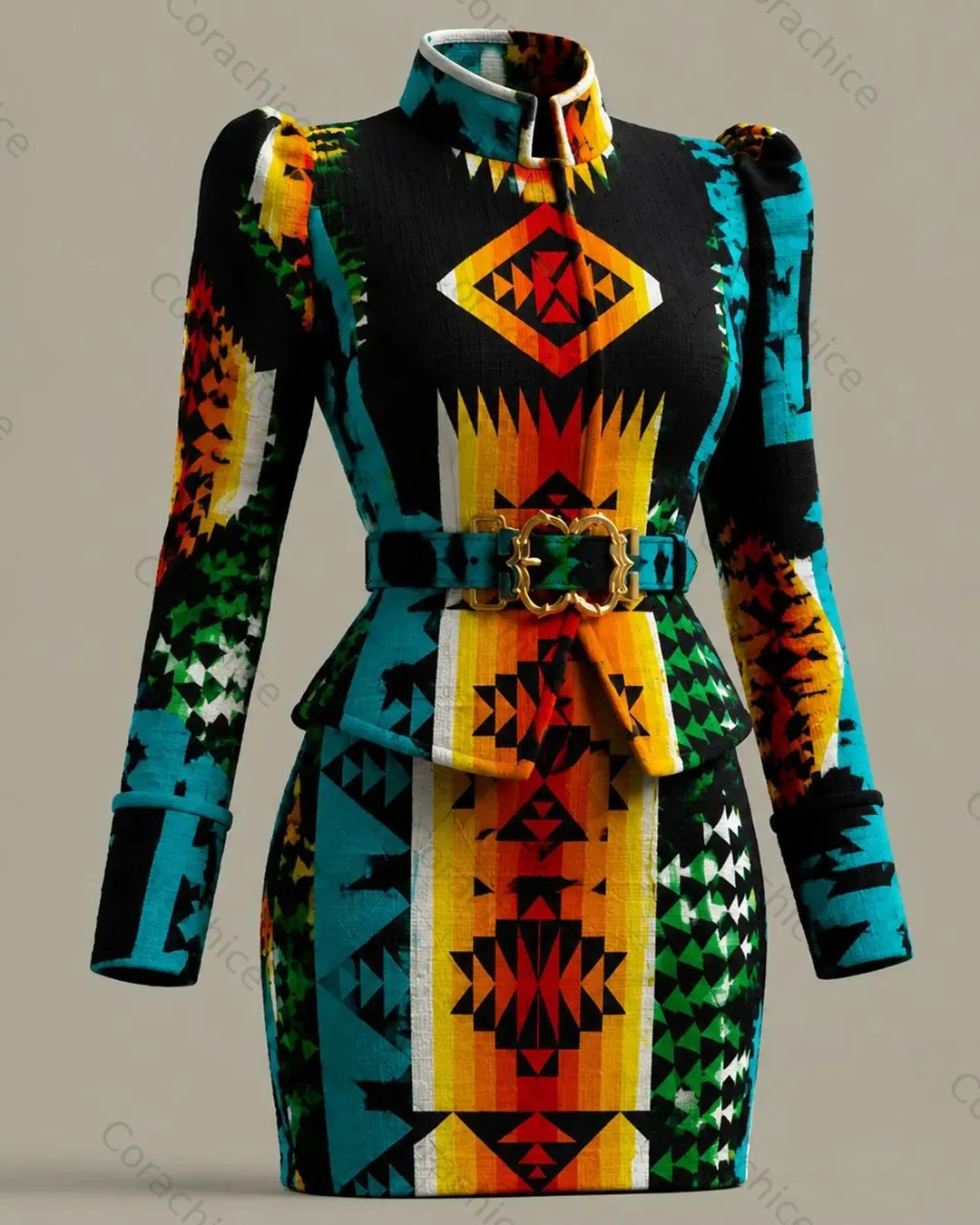 Cardydony Women's Western-Style Aztec-Printed Elegant Jacket and Fitted Skirt Two-Piece