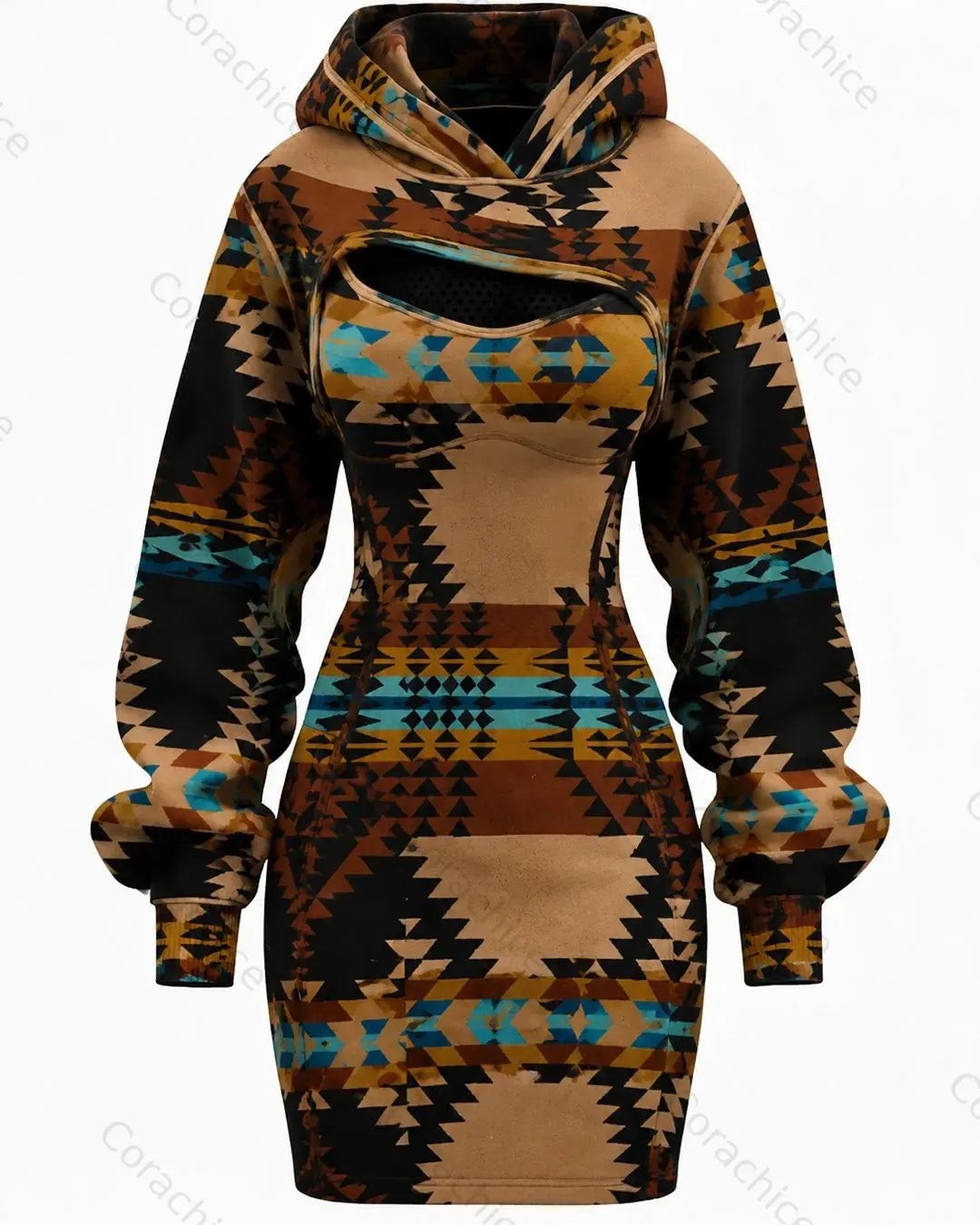 Cardydony Women's Autumn/Winter Retro Style Soft Handmade Ethnic Geometric Print Irregular Cut Long Sleeve Fitted Dress Two-Piece