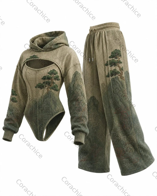 Cardydony Women's Japanese Retro Bamboo Forest Painting Embroidery Irregular Cut Two-Piece Bodysuit & Pants