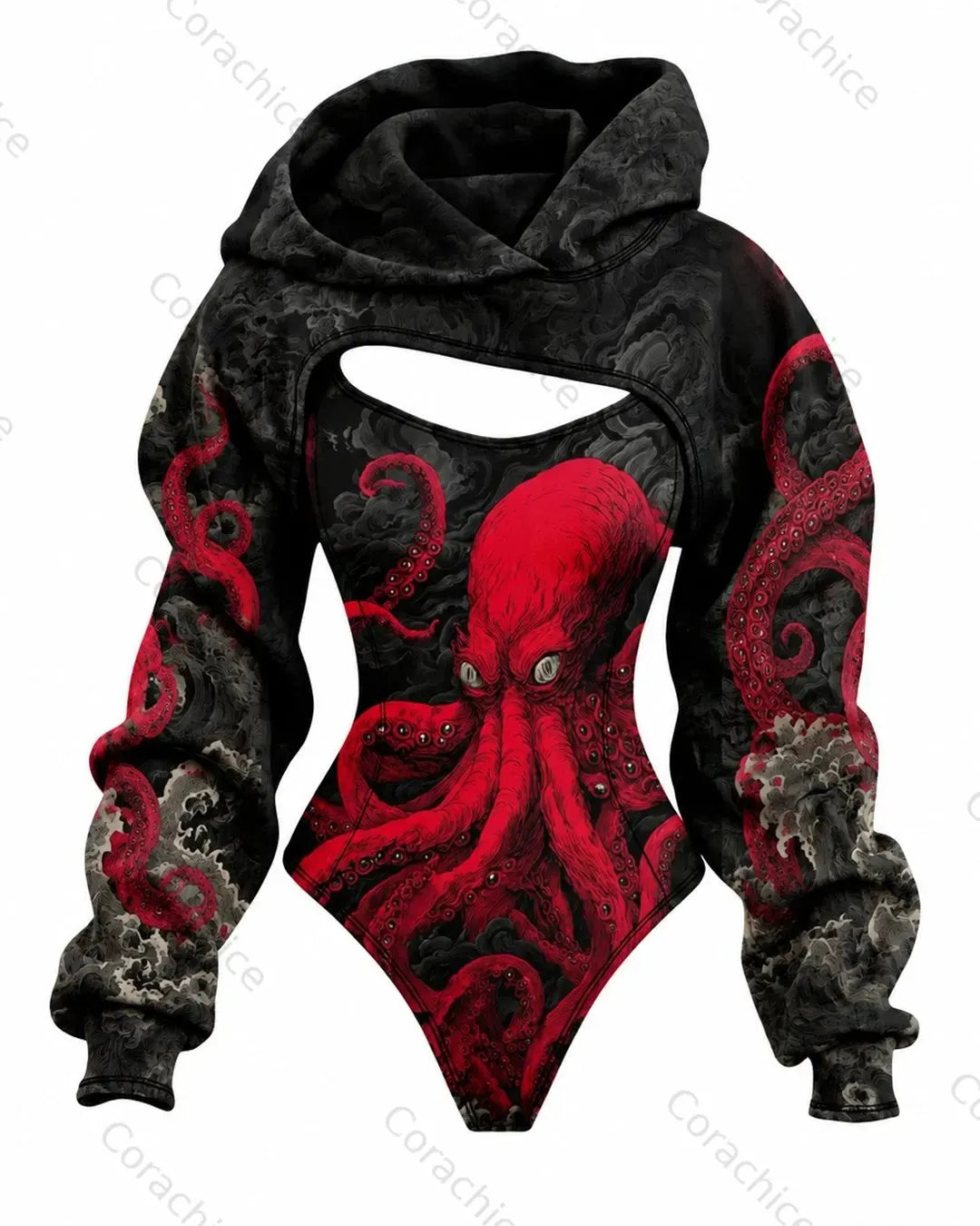 Cardydony Women's Japanese-Style Ocean-Print Fitted Hooded Jumpsuit