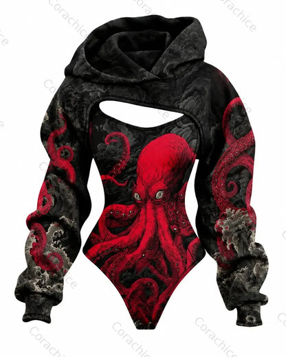 Cardydony Women's Japanese-Style Ocean-Print Fitted Hooded Jumpsuit