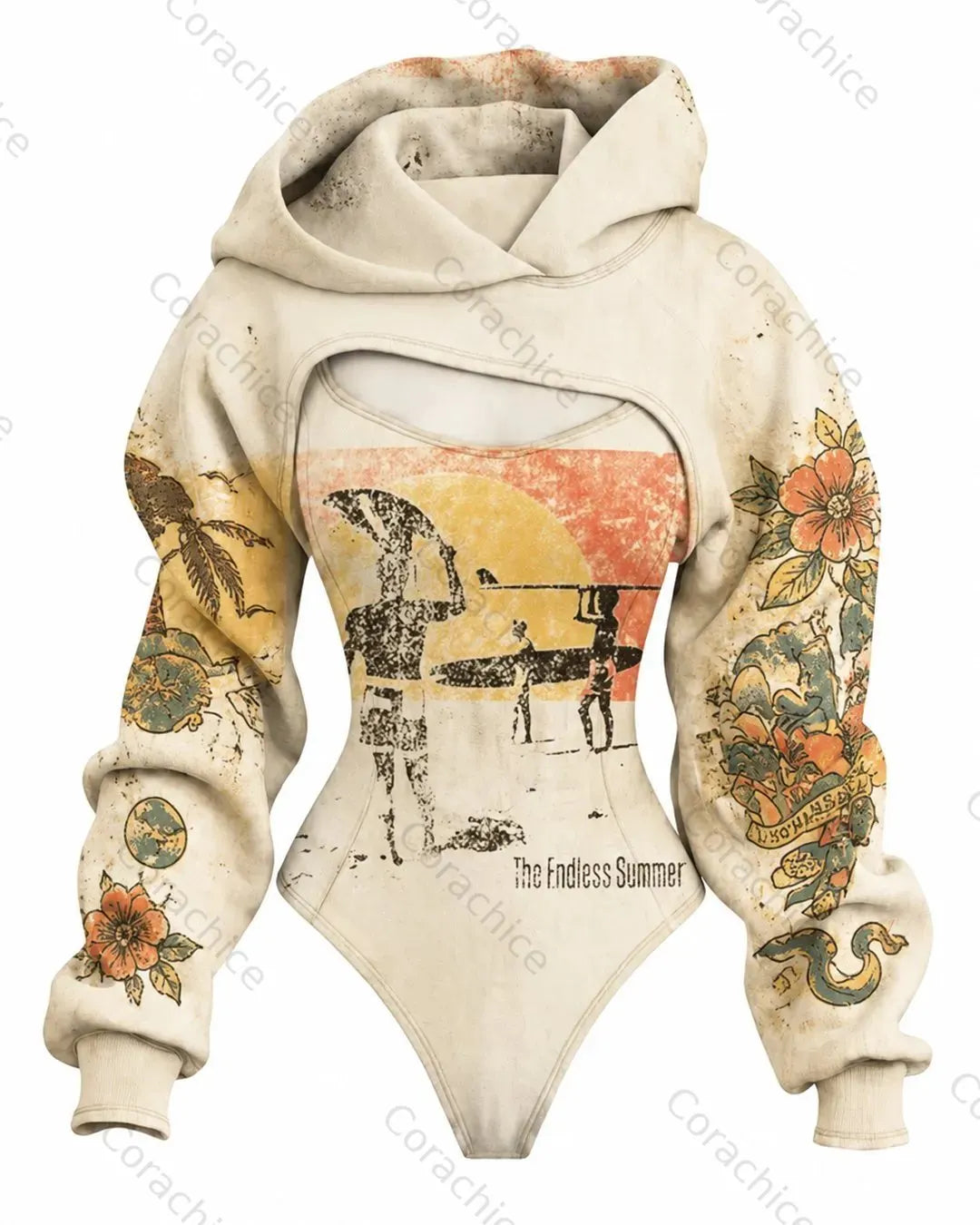 Cardydony Women's Outdoor Travel Surf-Print Slim-Fit Long-Sleeve Hooded Jumpsuit