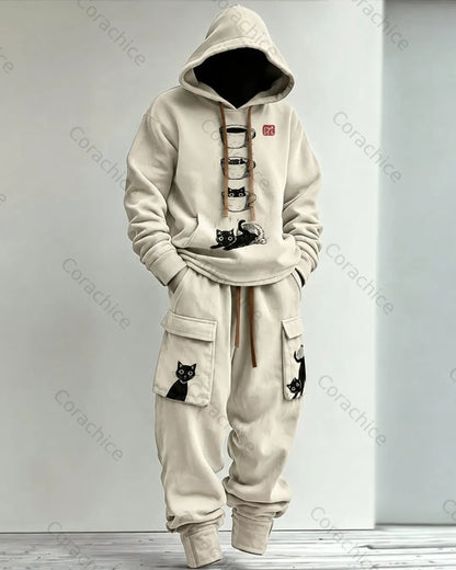 Cardydony Men's Fall and Spring Japanese-Style Printed Hooded & Pants Two-Piece Set