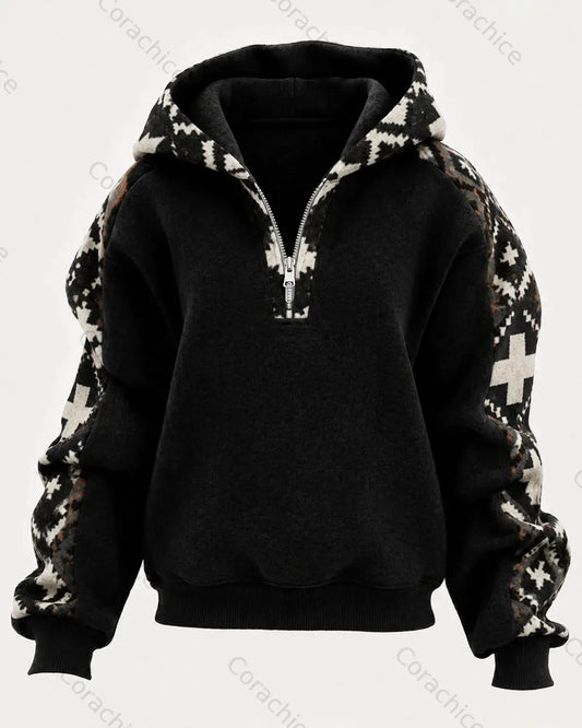Cardydony Unisex Western-Style Ethnic-Print Casual Long-Sleeve Hooded Sweatshirt