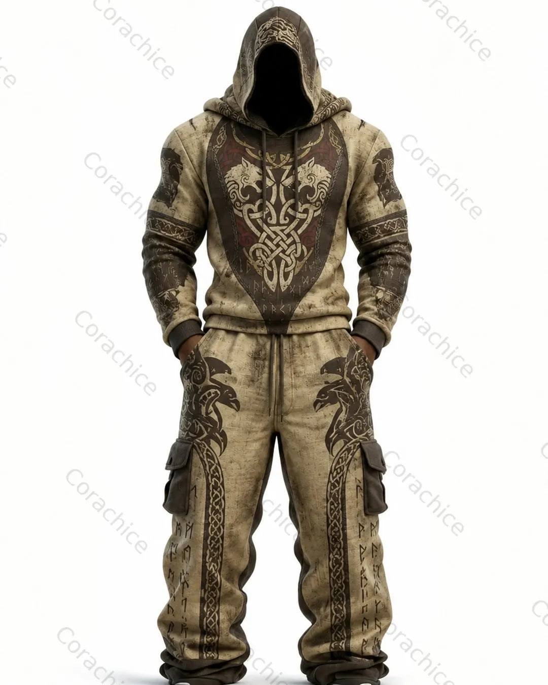 Cardydony Men's Viking Fall/Spring Color-Block Spartan Embroidered Hoodie and Pants Two-Piece