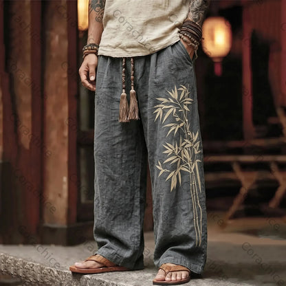 Cardydony Men's Vintage Japanese Bamboo Embroidery Art Linen Blend Pants