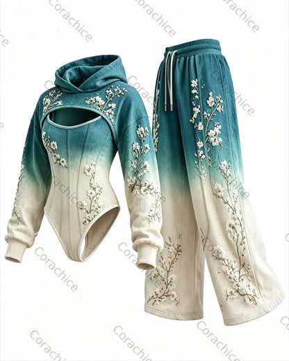 Cardydony Women's Japanese Retro Floral Embroidery Irregular Cut Two-Piece Bodysuit & Pants