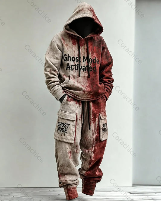 Cardydony Men's Halloween-Themed Printed Hoodie and Pants Two-Piece