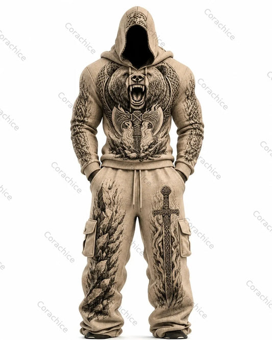 Cardydony Men's Viking Fall/Spring Color-Block Embroidered Hoodie and Pants Two-Piece