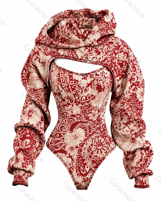Cardydony Women's Fashionable Floral-Print Fitted Hooded Jumpsuit