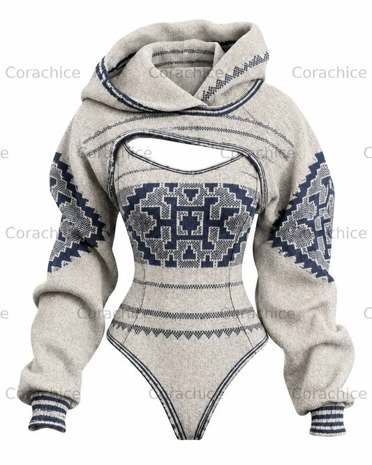 Cardydony Women's Western-Style Aztec-Printed Fitted Hooded Jumpsuit