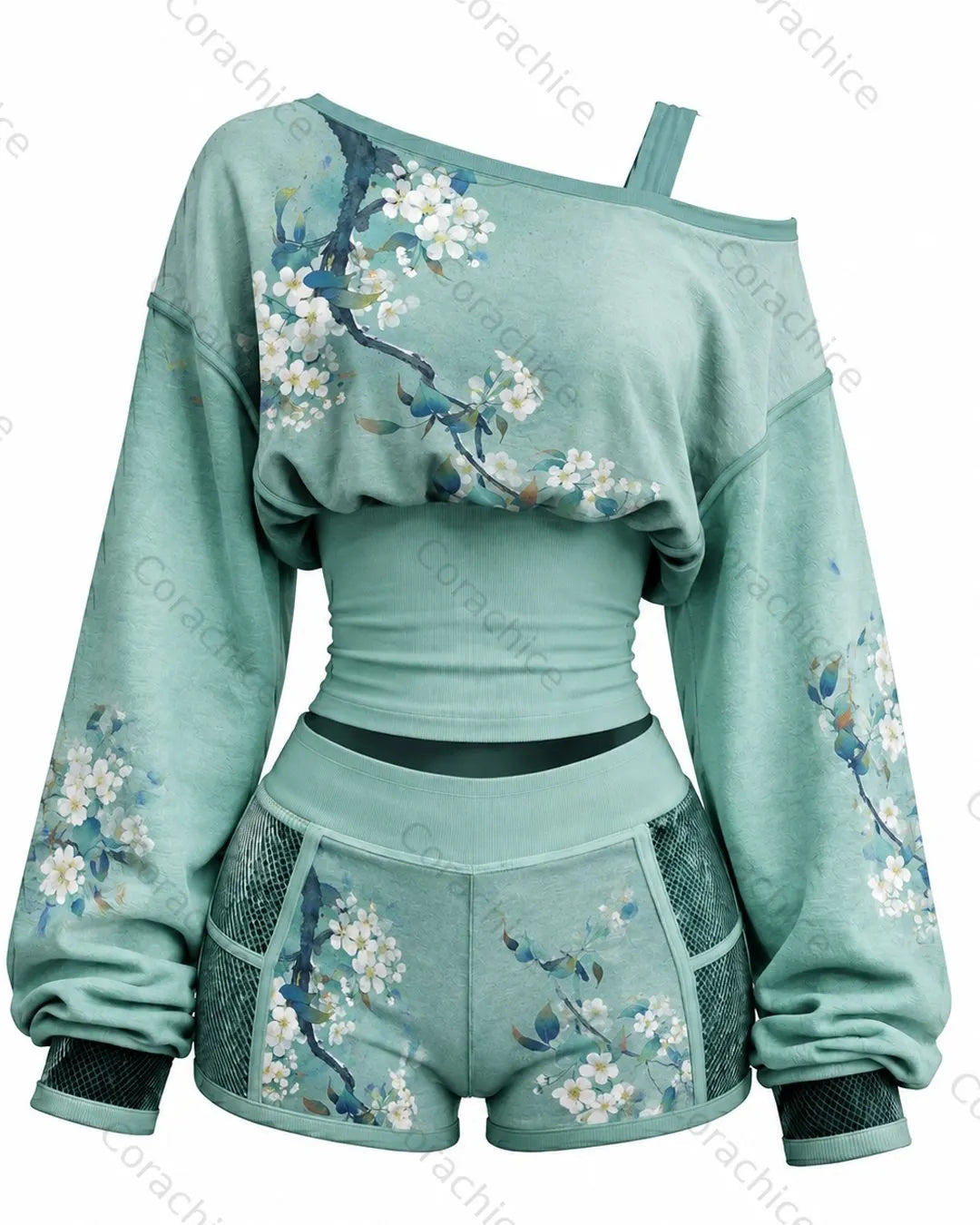 Cardydony Women's Japanese-Style Printed Long-Sleeve Off-the-Shoulder Sweatshirt and Shorts Two-Piece