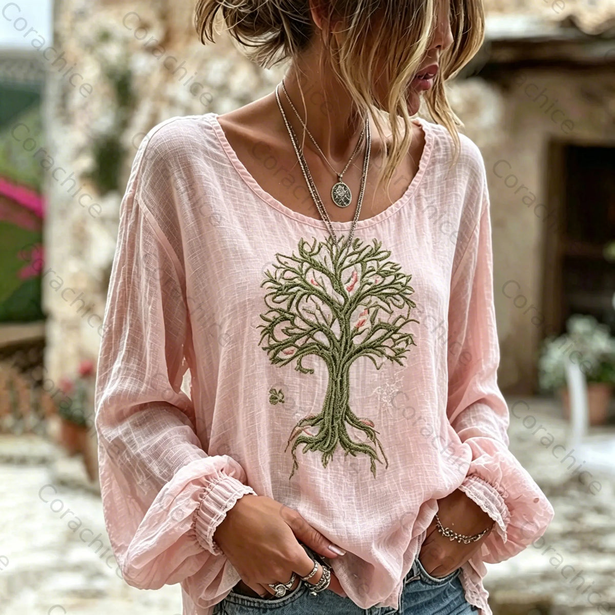 Cardydony Women's Retro Viking Tree Of Life Pattern Casual Linen Blend T-shirt