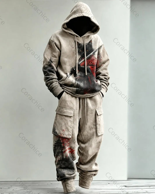Cardydony Men's Fall and Spring Japanese-Style Printed Hooded & Pants Two-Piece