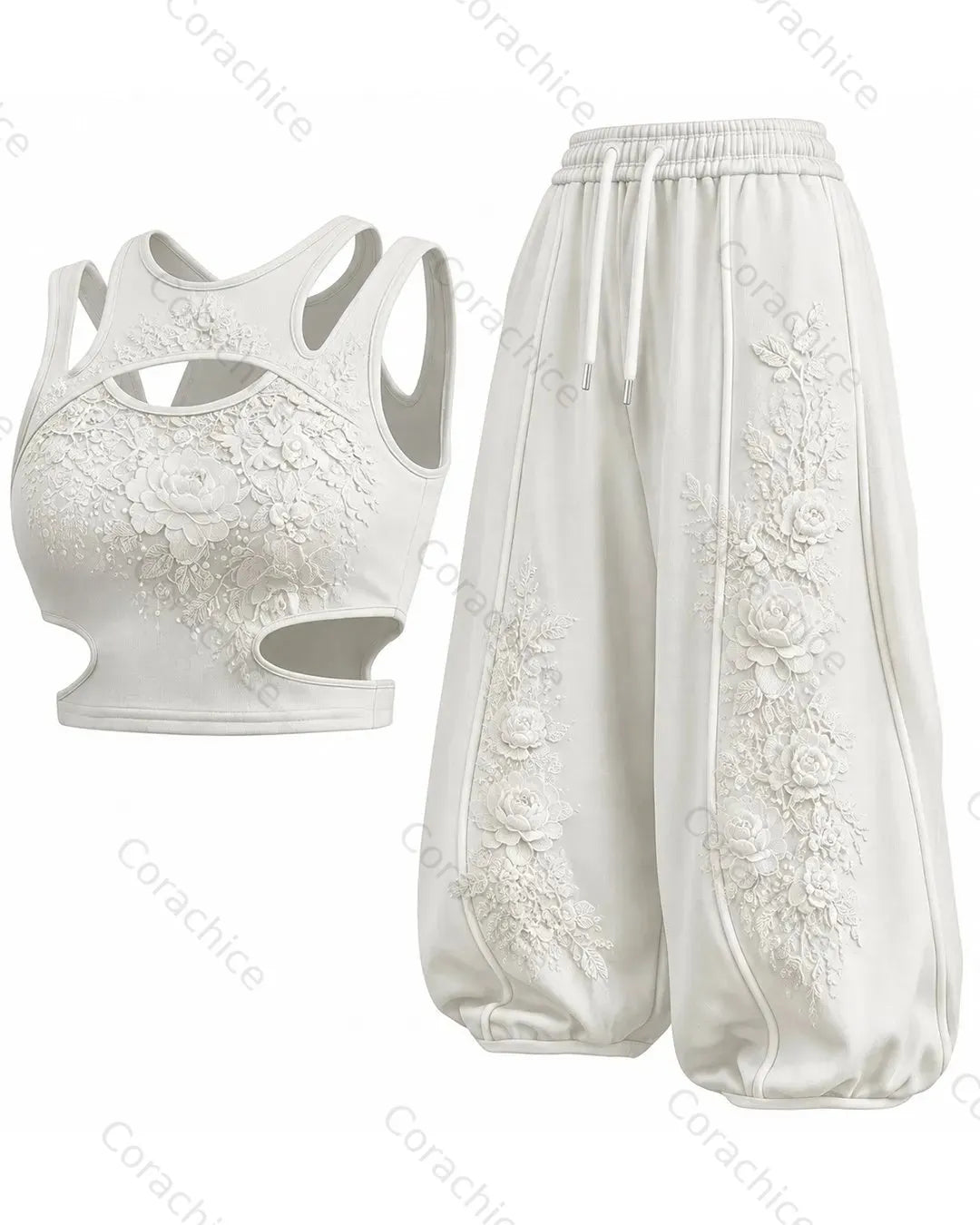 Cardydony Women's Japanese-Style White Floral Embroidered Sports Tank Top and Pants Two-Piece