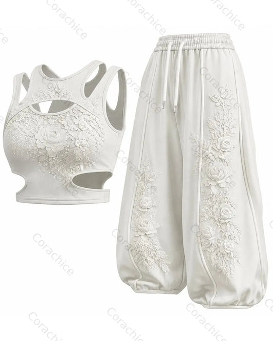 Cardydony Women's Japanese-Style White Floral Embroidered Sports Tank Top and Pants Two-Piece