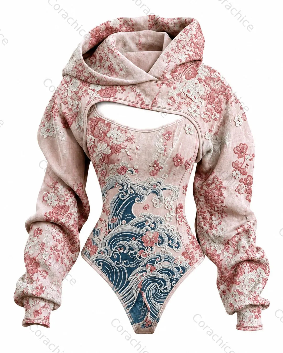 Cardydony Women's Japanese-Style Printed Fitted Hooded Jumpsuit